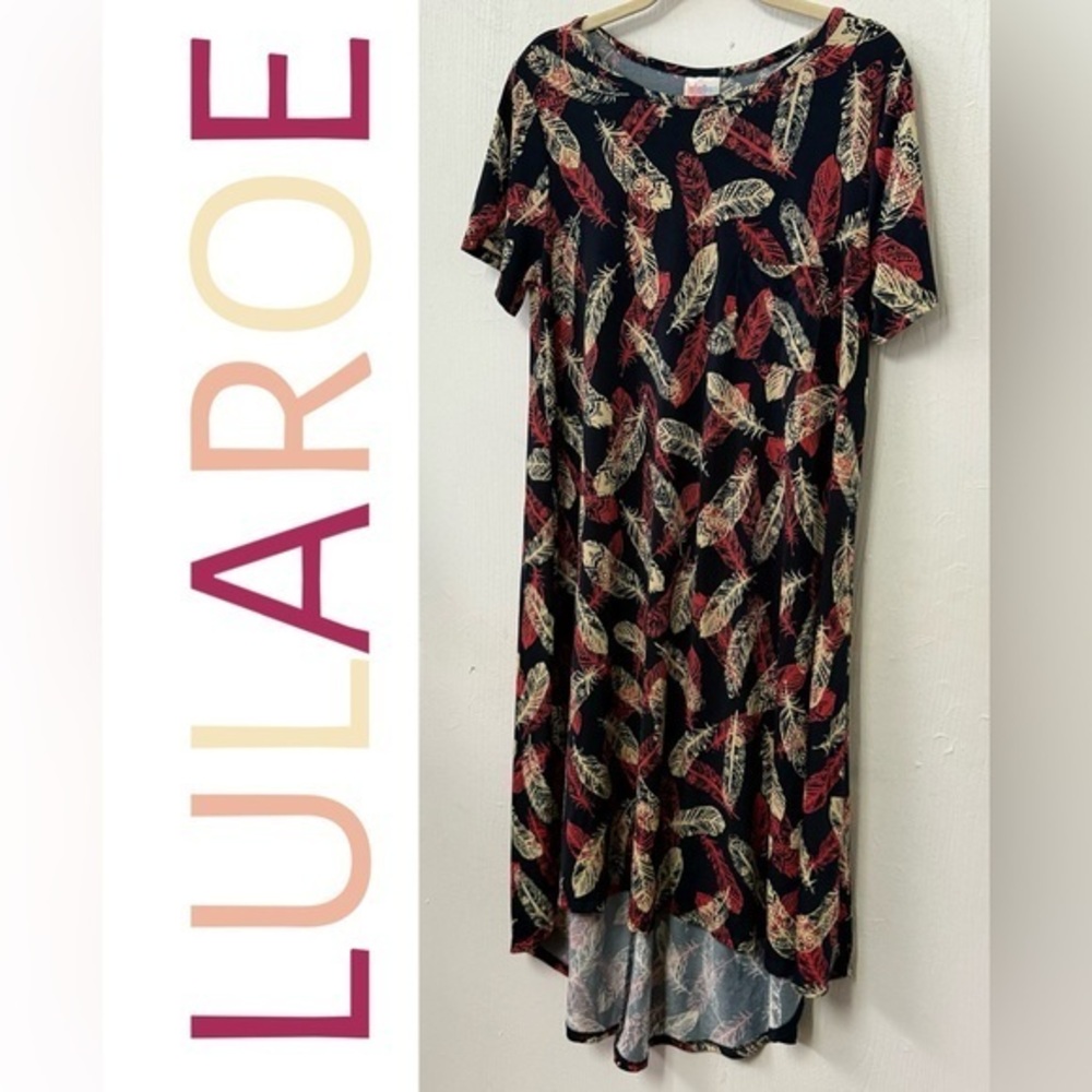 LuLaRoe High Low Dress with Feather Print - Navy, Cream, & Pink